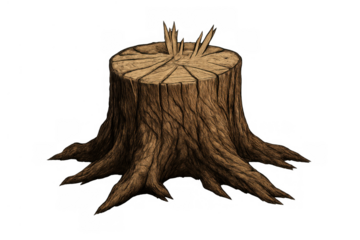 Wood stump featuring rough bark texture and exposed roots. Focus on deforestation and forestry concepts. Illustration on transparent background