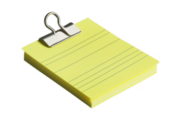Yellow lined paper with binder clip isolated on a transparent background