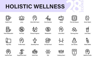 Holistic Wellness Icons for Healthy Living. Fitness, Mindfulness, and Medical Care Symbols