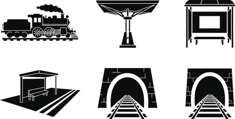 Collection of black and white vector icons representing transportation and infrastructure