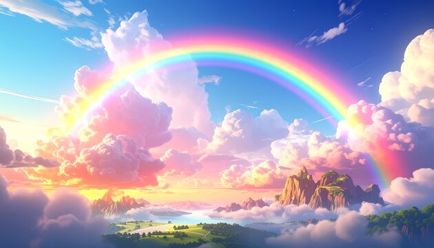 A vibrant sky with a rainbow arching above mountains and puffy clouds