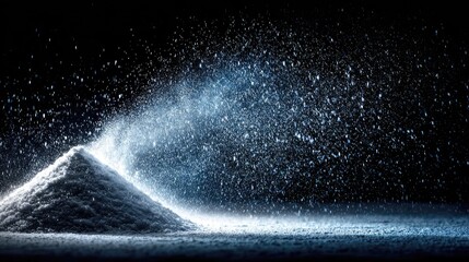 White powder cascading, illuminated on dark surface