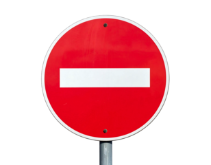 Red and white do not enter sign against a stark black background, center framed on a gray pole