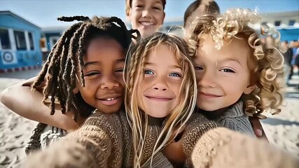 Joyful Multicultural Kids: Beach Day Hug and Smile Moments