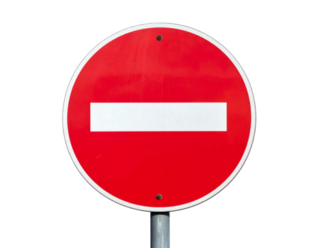 Red and white do not enter sign against a stark black background, center framed on a gray pole
