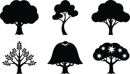 Diverse collection of stylized tree silhouettes on a white background.
