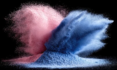 Pink/blue powder explosion, contrasting clouds, on black