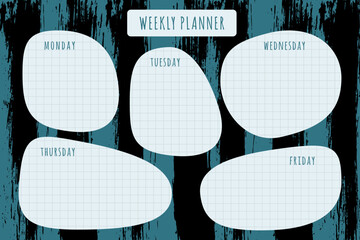 Printable weekly planner. Template with days sections for checklists for home, work and education use. Abstract background.