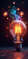 A glowing, futuristic light bulb with vibrant neon hues and sparkling particles inside, set against a dark background with bokeh lightssymbolizing innovation, creativity, or enlightenment.