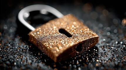 Macro shot of a shiny, golden padlock on a textured, sparkling surface