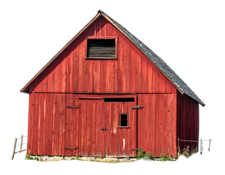 Red barn exterior with weathered wood walls and a gray roof stands against a black background