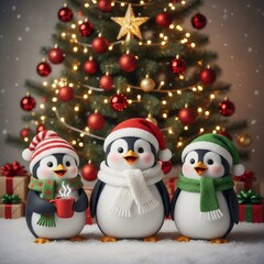 Delightful Winter Moment Featuring Penguins, a Christmas Tree, and a Cozy Fireplace