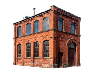 Red brick, two-story building on a transparent background, featuring arched windows and a large door