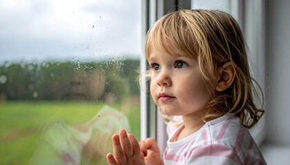 A young child gazes wistfully out a window, observing the outside world