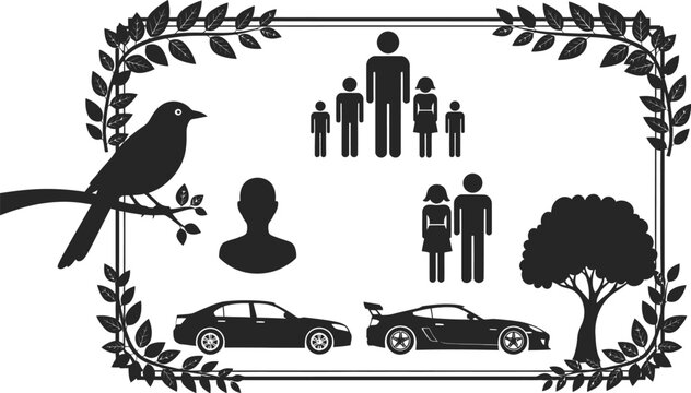Family tree illustration with bird, cars, and abstract figures, symbolizing lineage and life.