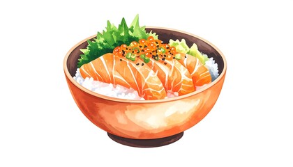 A watercolor illustration of Japanese cuisine with salmon and caviar