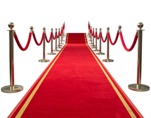 Red carpet flanked by gold stanchions with red velvet ropes on a black background for a glamorous event entrance