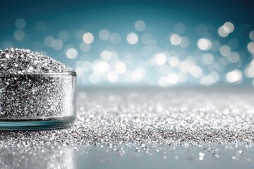 Glitter spilling from glass bowl with bokeh background