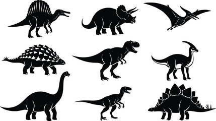 Dinosaur silhouettes, prehistoric animals, fossil creatures, Jurassic vector, ancient reptiles, wildlife sketch, educational icon, cad drawing flat vector illustration