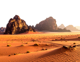 Red desert landscape with rocky formations, sand dunes, and sparse vegetation under a bright sky