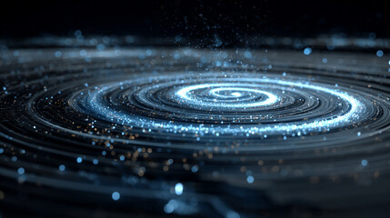 A holographic spiral of floating data glows with shifting light, forming a futuristic abstract scene. The image symbolizes information flow, digital innovation, and the dynamic energy of modern techno