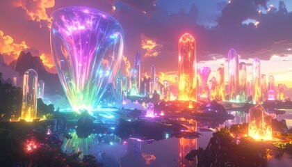 Vibrant Futuristic Crystal Cityscape with Luminous Gemstone Towers at Sunset.