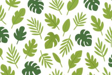 Tropical leaves seamless pattern displaying various green jungle plant elements on transparent background