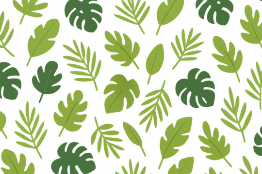 Tropical leaves seamless pattern displaying various green jungle plant elements on transparent background