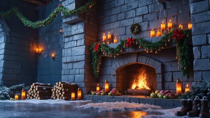 Christmas-Decorated Fireplace in a Stone Hall