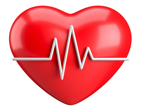 Red, glossy heart with a white heartbeat line in the center, isolated on a black background