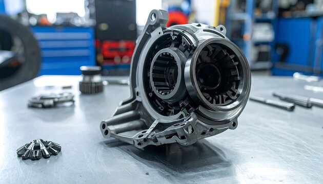 Close-up of a metal gear housing on a reflective metal surface - Powered by Adobe