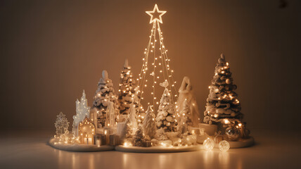 Miniature Christmas scene with illuminated trees, star, and festive decorations on a dark background