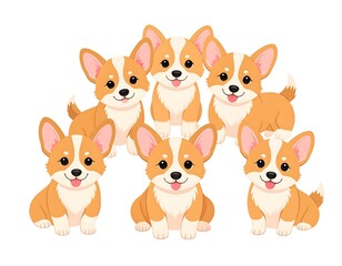 Obraz premium An illustrated group of cute, orange and white corgi puppies