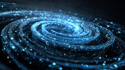 A holographic spiral of floating data glows with shifting light, forming a futuristic abstract scene. The image symbolizes information flow, digital innovation, and the dynamic energy of modern techno