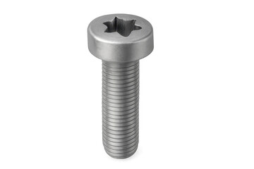Metal pan head screw with torx drive on transparent background