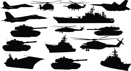 Military vehicles silhouettes vector illustration, fighter jets, helicopters, tanks, naval warships, defense equipment, army transport icons, cad drawing flat vector illustration