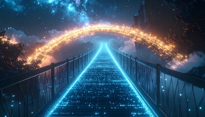 Futuristic Neon Bridge with Glowing Arch in a Cosmic Landscape.