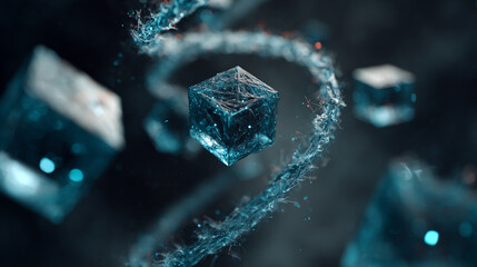 A holographic spiral of floating data cubes glows with digital light, forming a futuristic abstract scene. It symbolizes information flow, technology, innovation, and the dynamic pulse of modern data 