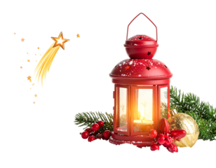 Red lantern glows beside berries, fir, golden ball and a shooting star on a black background