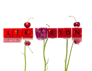 Red letter tiles spell out word with red cherries, green stems and a single purple flower against black background
