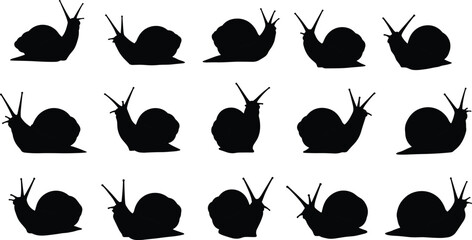Snail silhouette collection, black snail icons, crawling snail vector, animal posture set, minimal snail shapes, cad drawing flat vector illustration