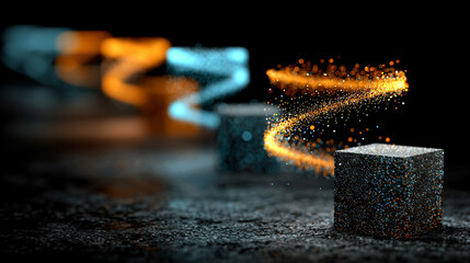 A holographic spiral of floating data cubes glows with digital light, forming a futuristic abstract scene. It symbolizes information flow, technology, innovation, and the dynamic pulse of modern data 