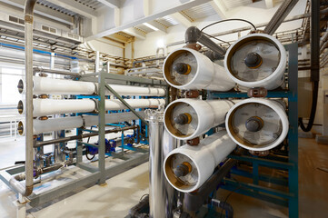 Modern industrial reverse osmosis water purification system within a clean technical facility for effective water treatment processes