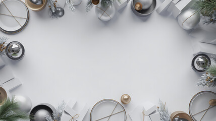 Top view of a minimalist Christmas table setting with silver and gold ornaments, pine branches, and white napkins arranged in a circular frame.