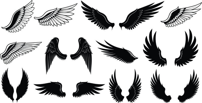 Wings illustrations, feather designs, angel wings, bird silhouette, tattoo art, fantasy element, decorative icon, cad drawing flat vector illustration