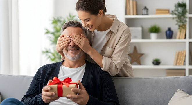 Surprise celebration of love for family moments and heartwarming intergenerational connection at home with gift present