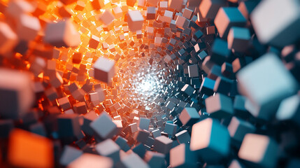 A holographic spiral of floating data cubes glows with digital light, forming a futuristic abstract scene. It symbolizes information flow, technology, innovation, and the dynamic pulse of modern data 