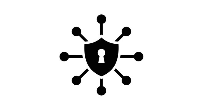 A black shield icon with a keyhole surrounded by connecting dots