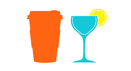 Minimalist illustration featuring a travel mug and a cocktail glass with lemon