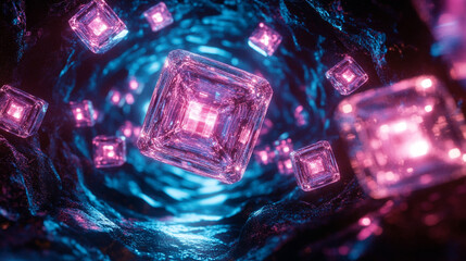 A holographic spiral of floating data cubes glows with digital light, forming a futuristic abstract scene. It symbolizes information flow, technology, innovation, and the dynamic pulse of modern data 